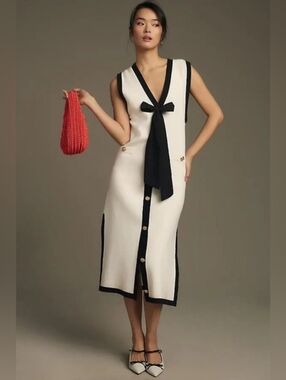 Nicole Miller Contrast Trim Knit Midi‎ Dress With Ribbon Tie
